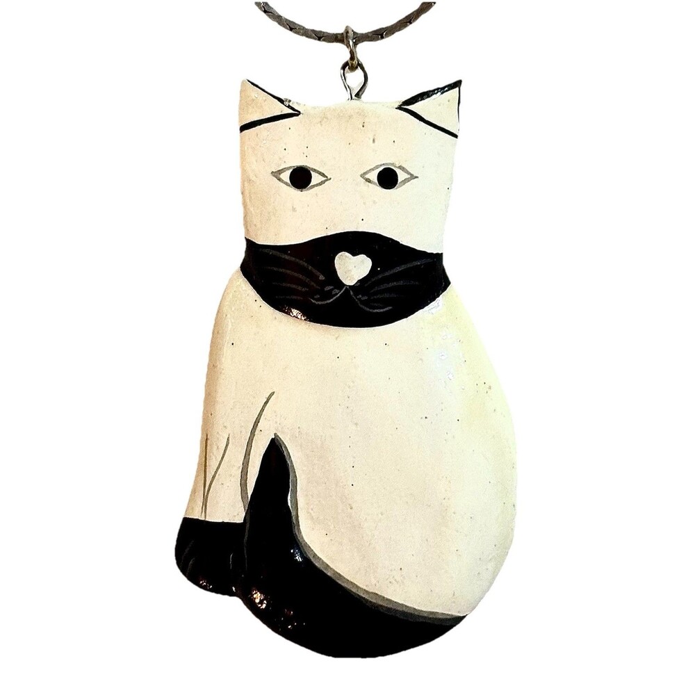 Vintage Wood Cat Pendant Necklace Black White Hand Painted Folk Art Kitty